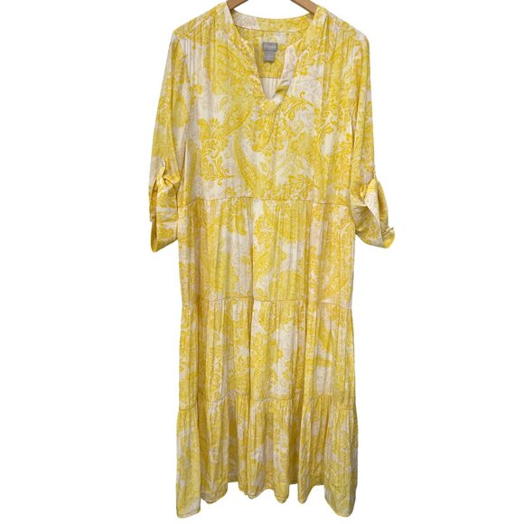 Chicos Maxi Dress Size 12/14 Tiered Paisley Print 3/4 Sleeve White Yellow Boho - Picture 3 of 9